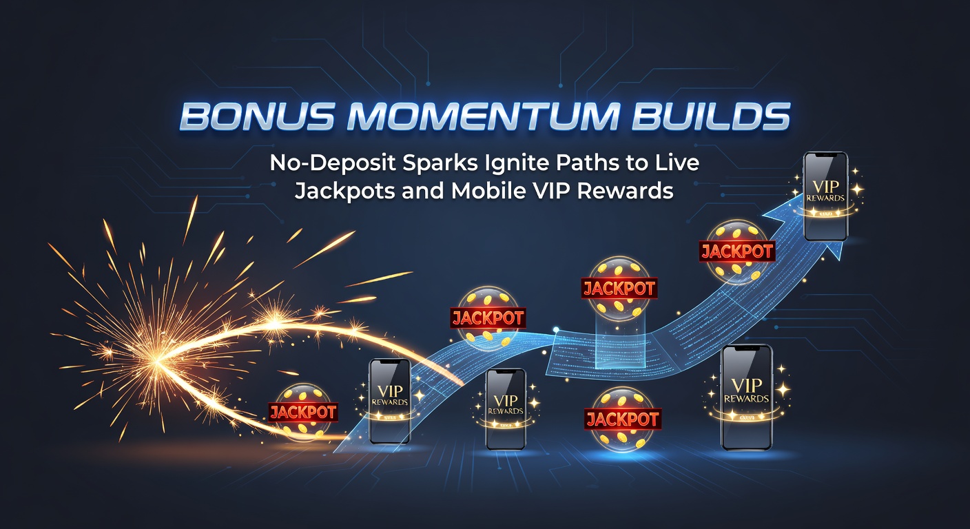 Visuelle Darstellung eines steigenden Momentum-Pfads mit No-Deposit-Start, Live-Jackpot-Explosion und VIP-Mobile-Stufen, inklusive glühender Symbole für Belohnungen