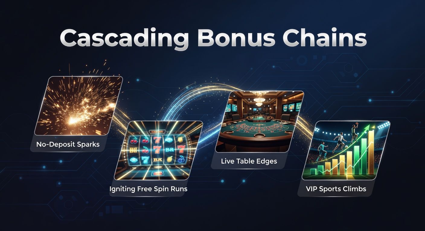 Grafik einer kaskadierenden Bonus-Kette, die von No-Deposit-Boni zu Free Spins, Live-Tischen und VIP-Sportwetten führt