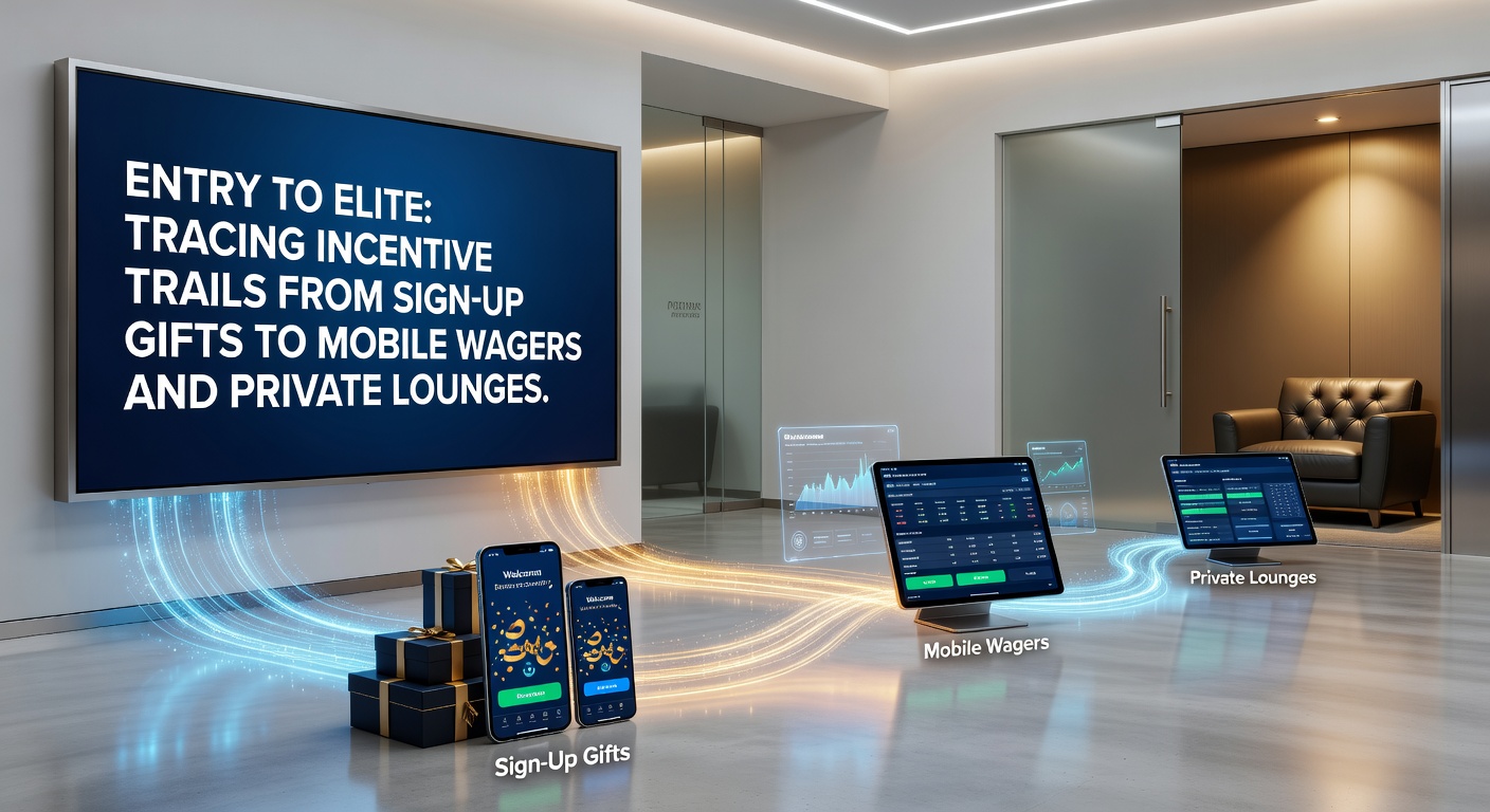 Ein stilisiertes Bild, das einen Pfad von goldenen Anmeldegeschenken über mobile Wetten zu exklusiven VIP-Lounges darstellt, mit leuchtenden Lichtern und eleganten Figuren