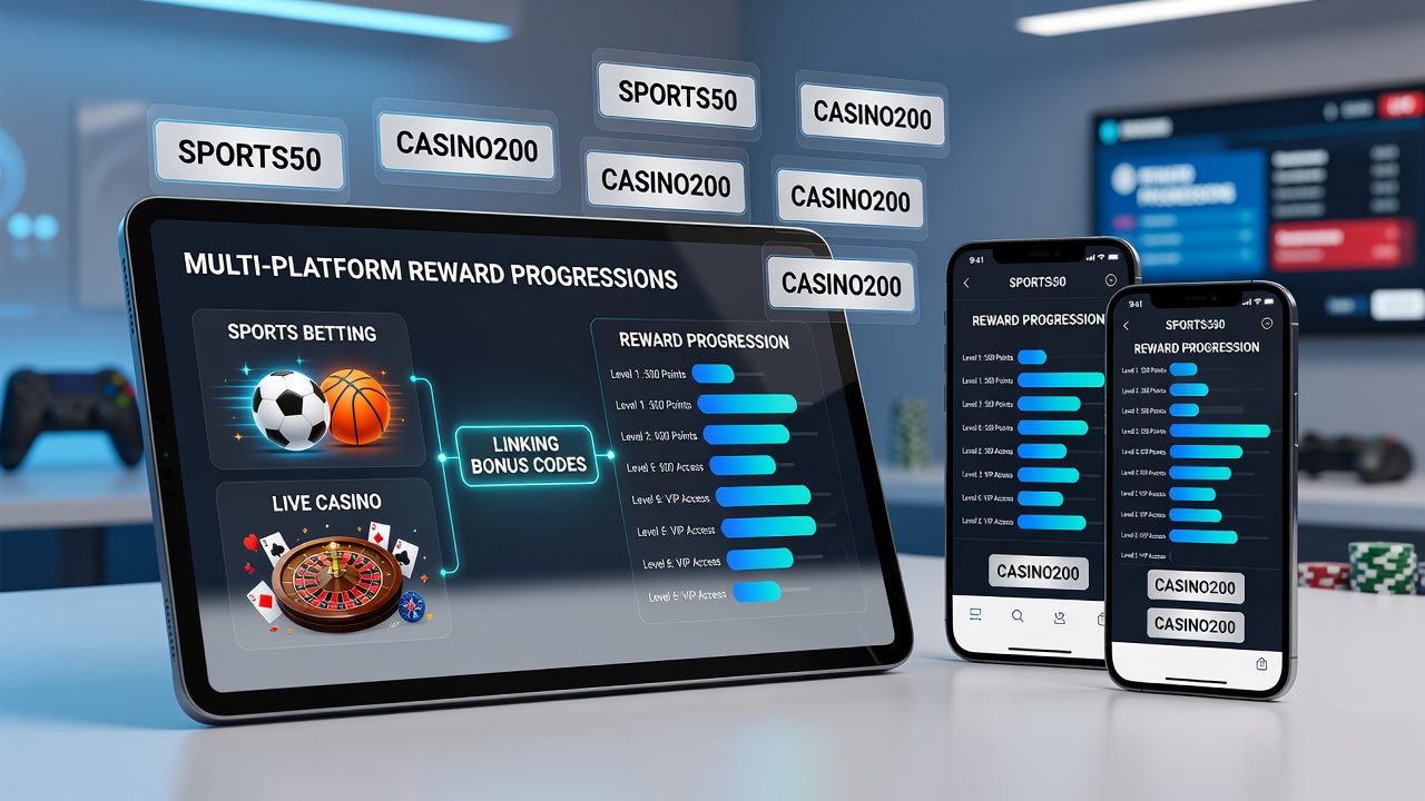 Illustration von Bonus-Codes die mobile Sportwetten und Live-Casino-Plattformen verbinden
