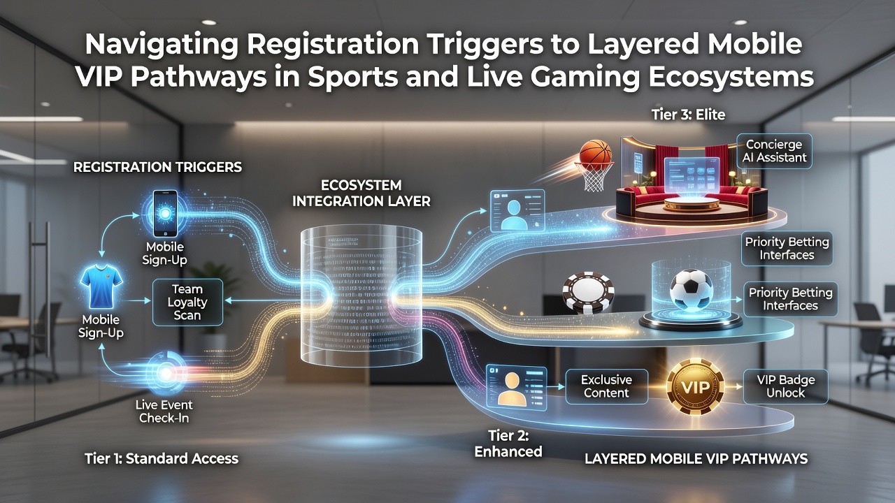 Illustration der mehrstufigen mobilen VIP-Pfade mit Integration von Sportwetten und Live-Gaming-Elementen