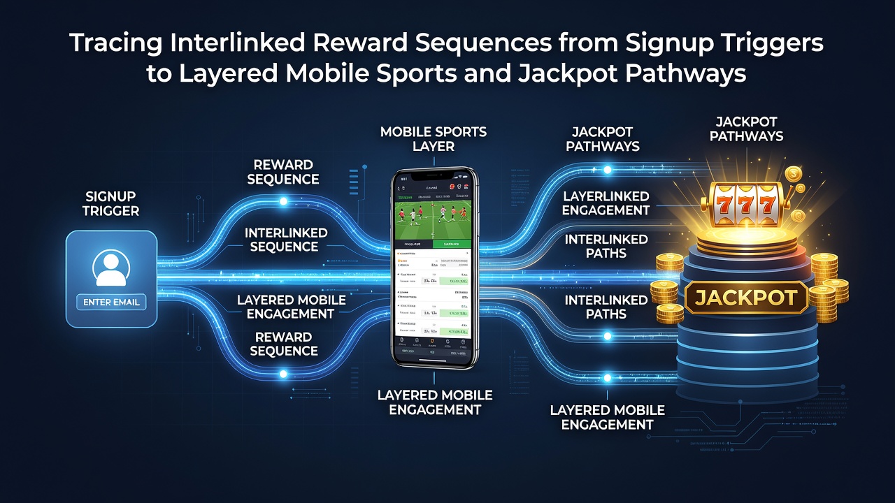 Darstellung vernetzter Belohnungspfade von der Registrierung bis zu mobilen Sportwetten und Jackpots